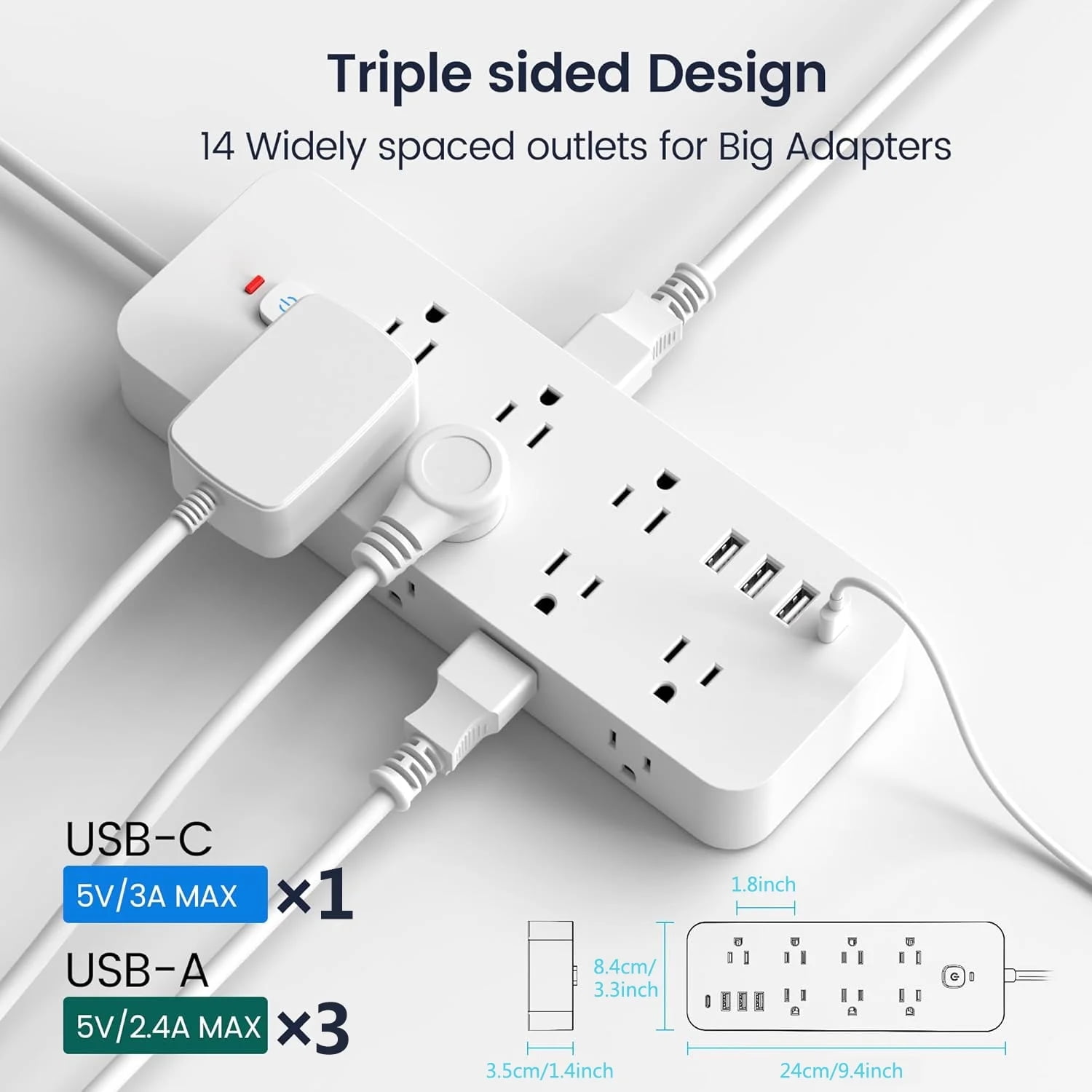 BEISHINK Power Board Surge Protector, Flat Plug Extension Cord of 5 Feet, with 14 Sockets and 4 USB Chargers, 1875J Multi-Plug Board, Suitable for Home, Office, University Dormitory Rooms, White