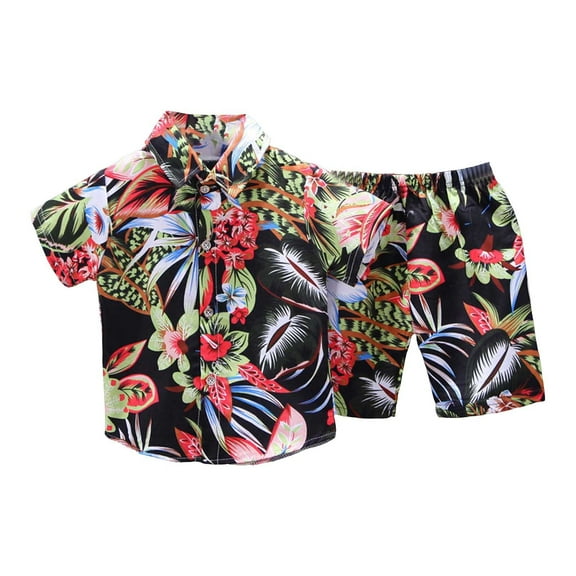 WOYY Boys Summer Beach Outfits Tropical Print Short Sleeve Button-Down Shirt Shorts Set Fashion Kids Clothes, Sizes 2-3