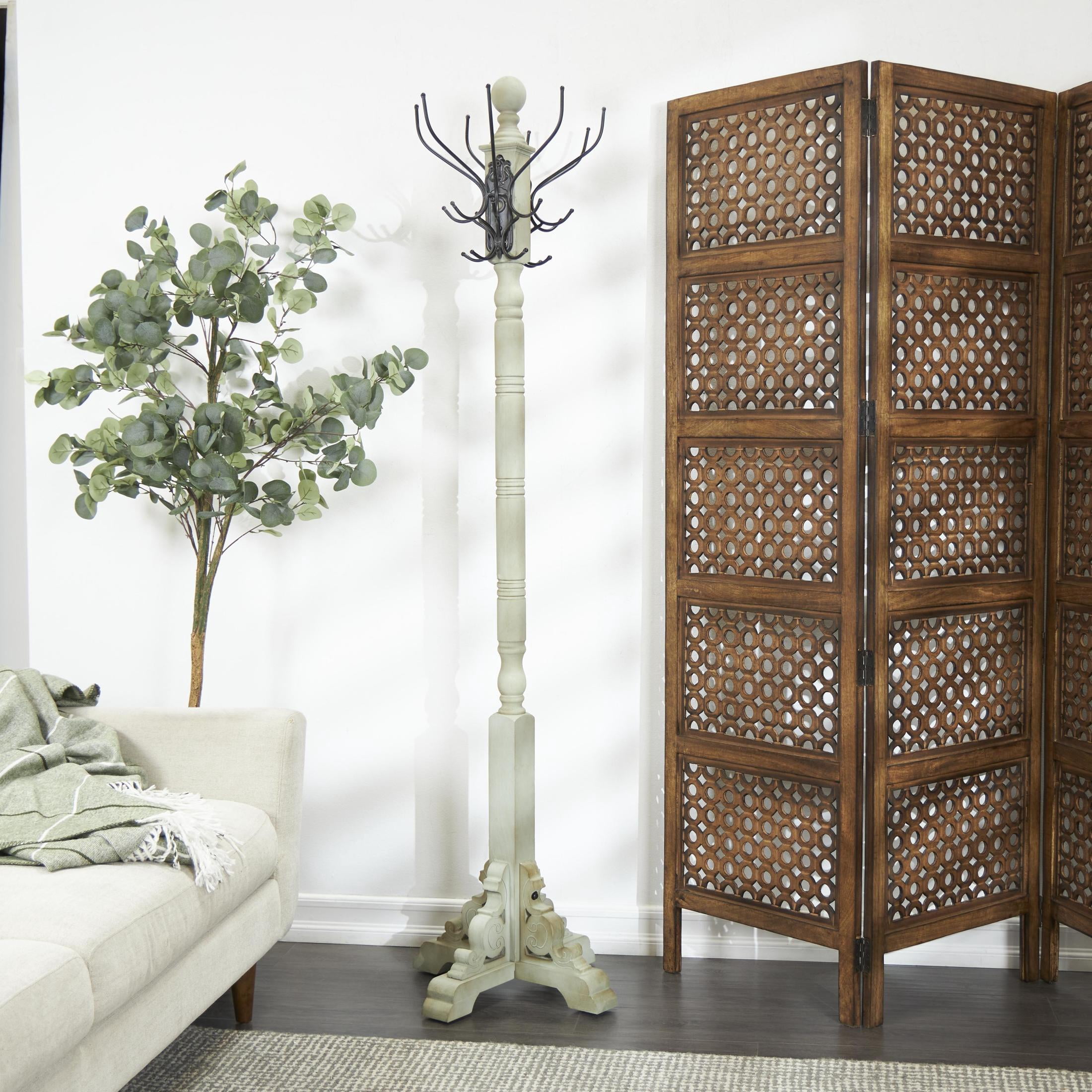 DecMode 19" x 74" Gray Wood Scroll Vintage Style 12 Hook Coat Rack with Black Metal Hooks, 1-Piece
