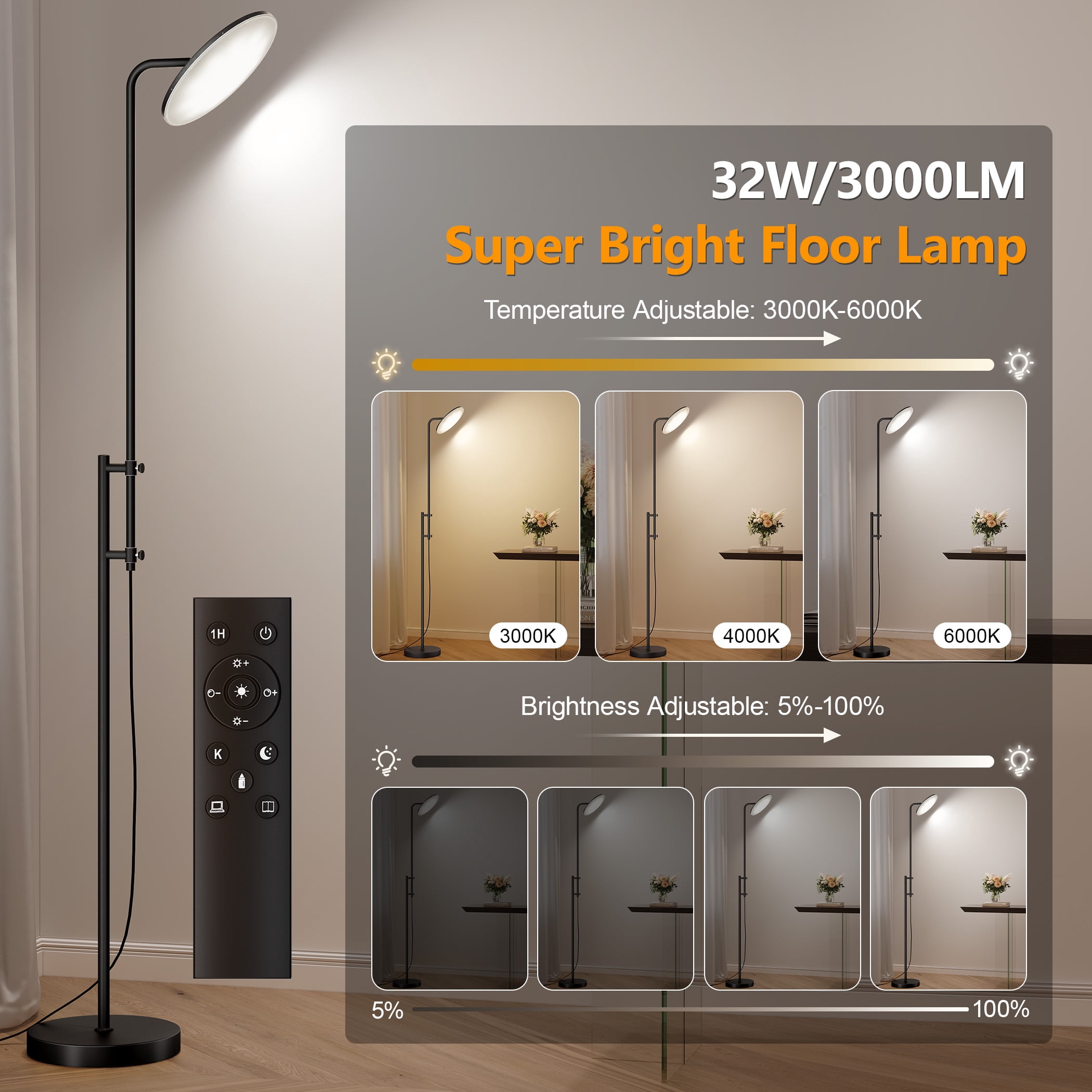 SUNMORY 32W/3000LM Floor Lamp, Super Bright LED Floor Lamp with Remote Control, 70" Tall Standing Lamp with Height Adjustment 350°Rotating Head, Modern Stepless Dimmable Torchiere Reading Corner Lamp
