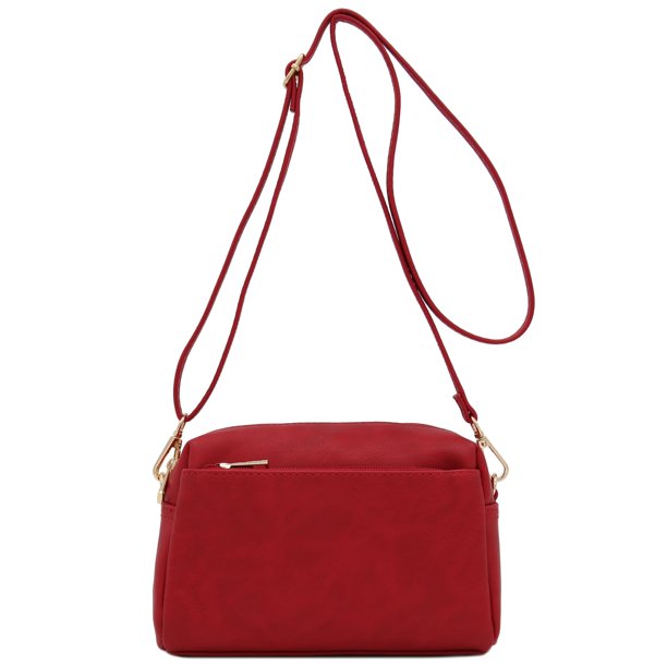 Bandolera FashionPuzzle pequeña con triple cremallera, piel sintética roja