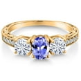 thumbnail image 3 of Gem Stone King 18K Yellow Gold Plated Silver 3-Stone Ring Oval Tanzanite Moissanite (1.87 Cttw), 3 of 6