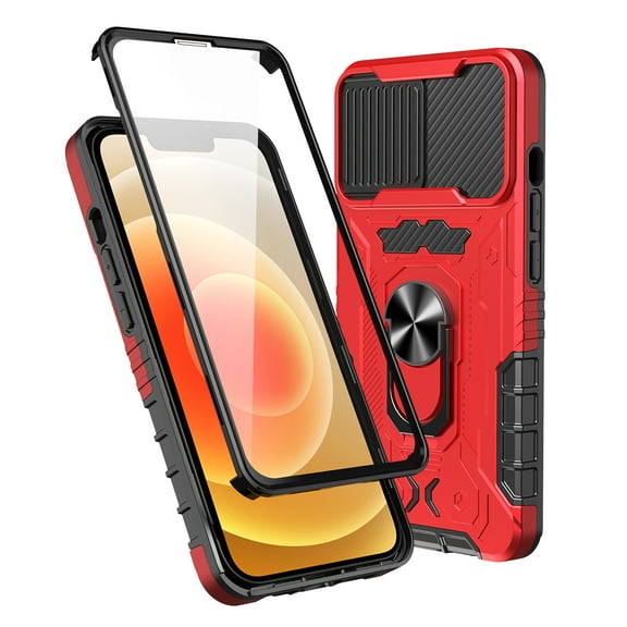 TJS Phone Case for Apple iPhone 13, Slide Camera Lens Cover Magnetic Support Metal Ring Holder Kickstand Built-in Tempered Glass Screen Protector Full Body Protective Case (Red)