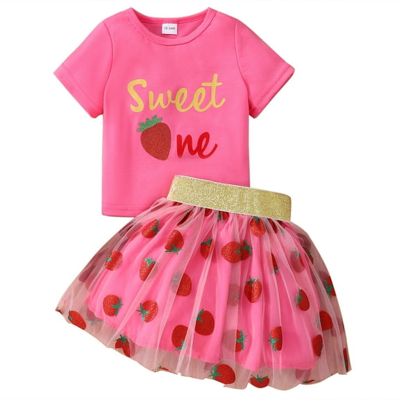 CPNG Toddler Girls Tulle Skirt Set Strawberry Letter Prints Short Sleeve T-Shirt and Tutu Skirt Birthday Party Outfit(Pink,18-24 Months)