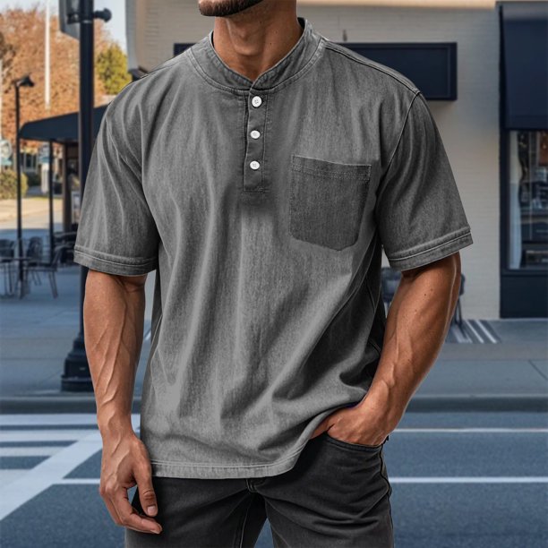 Blusas y camisas de manga corta con cuello redondo para hombre, blusas/camisetas casuales de verano a la moda de color liso con cuello redondo para hombre.