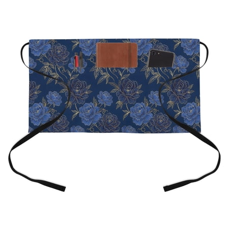 Dark Blue Peony Kitchen Restaurant Half Waist Apron, Vintage Blue Gold Floral Leaf Server Short Apron with 3 Pockets Waterproof Oil Waist Aprons for Women Waitress Waiter