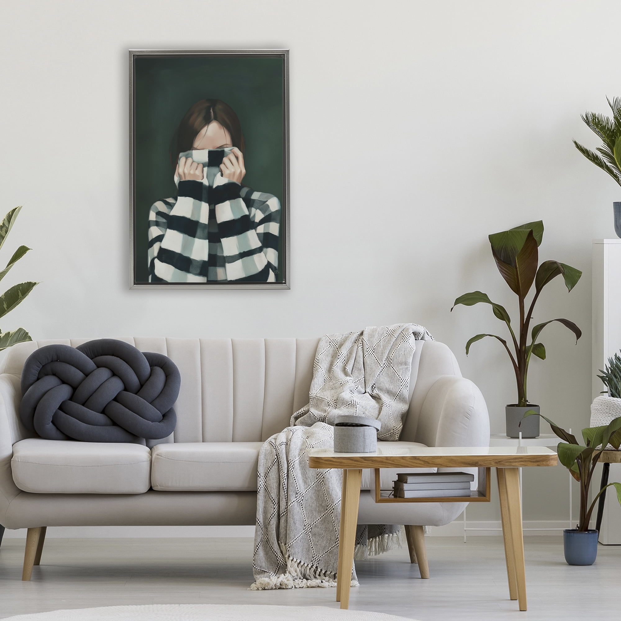 Stupell Industries Warmed Striped Sweater Portrait Gray Framed Floater Canvas Wall Art, design by Ros Ruseva