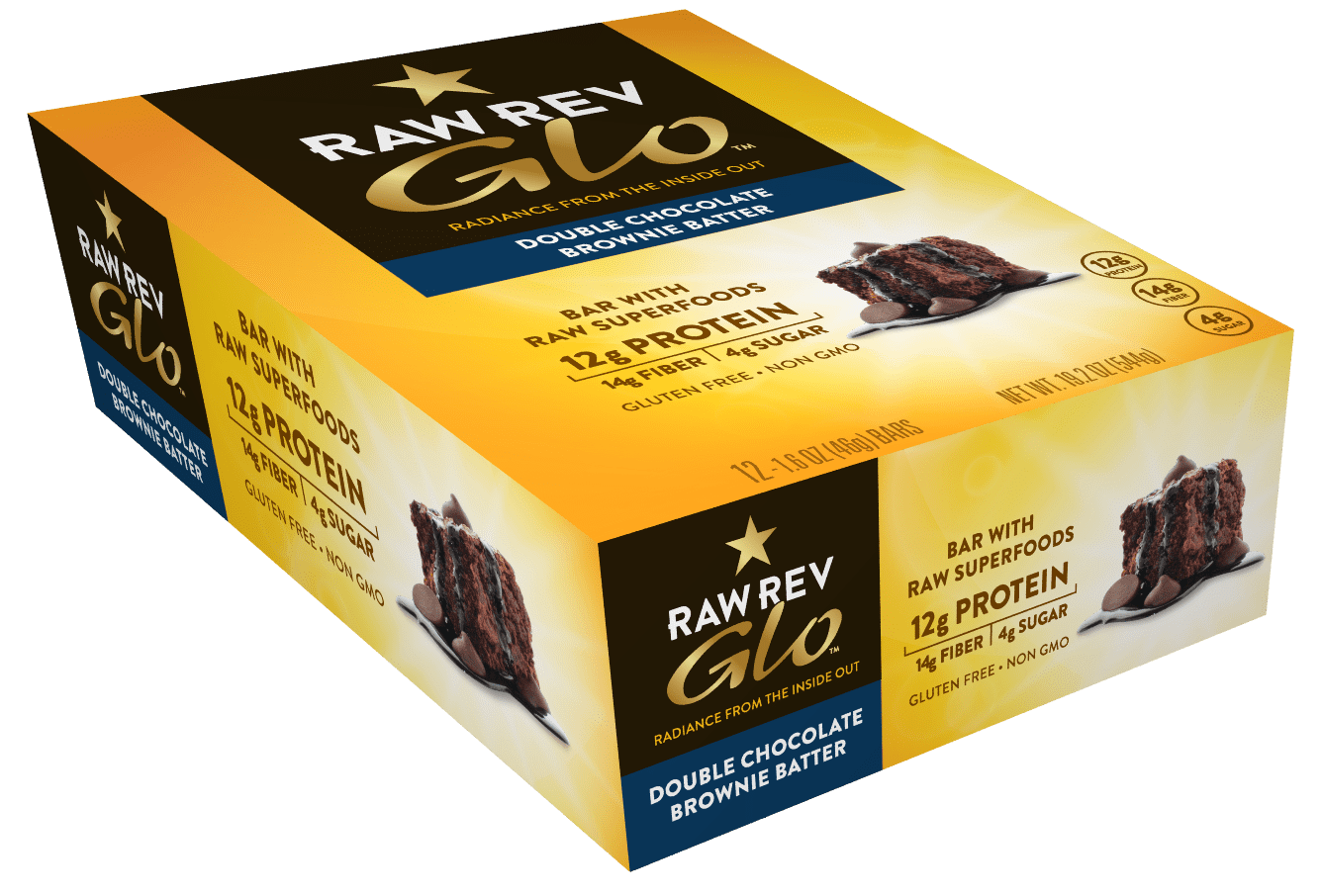 Raw Rev Glo Protein Bar Double Chocolate Brownie Batter, 12 Pack