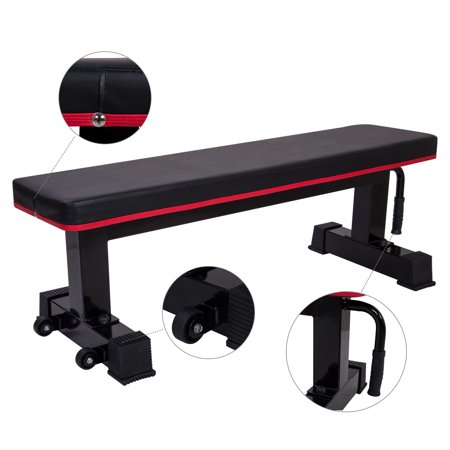 Flat Bench With Wheels Ollieroo Flat Bench Weight 1000lb Rated Capacity for Sit Up Bench Strength Training and Abs Exercises with Handle & Wheels - Black/Red ()