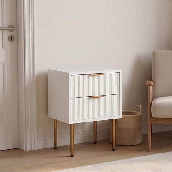 Bedside table with two storage drawers, mid-century modern style bedside table, compact gold-framed side table, suitable for bedrooms and living rooms.
