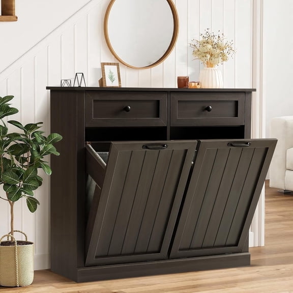 Magic Union Tilt Out Laundry Hamper Cabinet, 22 Gallon Double Hidden Laundry Hamper, Wooden Trash Can Cabinet with 2 Drawers, Farmhouse Garbage Can for Bathroom, Kitchen, Living Room