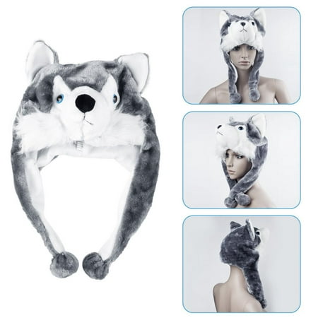 Cartoon Animal Style Wolf Hat Cute Fluffy kids Cap Soft Warm Scarf Earmuff Plush Hat Mascot Huskies Hat~~