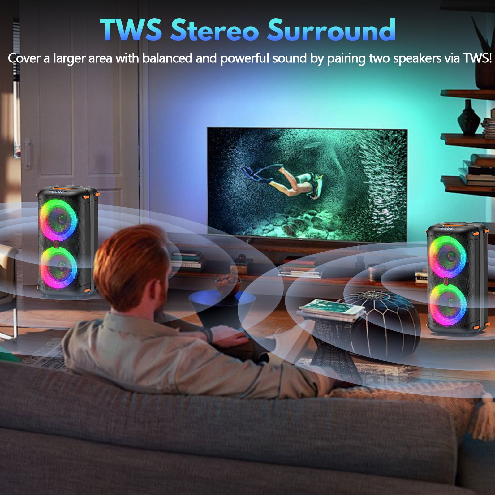 FanFun Portable Party Speaker, Loud Stereo Sound, Bluetooth Speaker with Treble/Bass Adjustment, Outdoor Speaker, T27-T