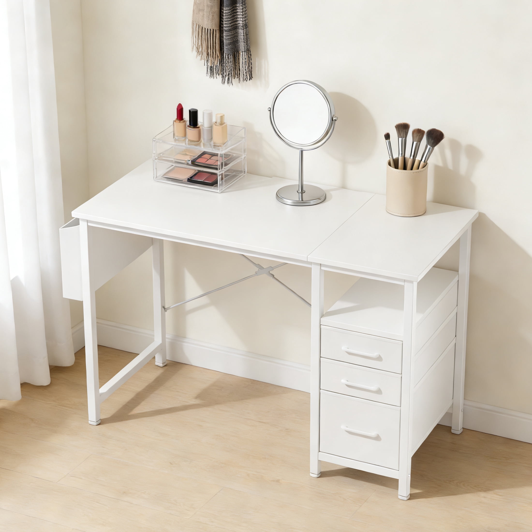 EDX 40 Inch Computer Desk with 3 Drawers, Writing Desk with Side Storage Pocket, for Home Office, Bedroom , White