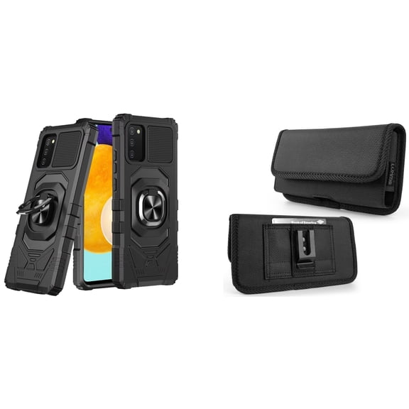 Case with Belt Holster Bundle for Samsung Galaxy A03s: Heavy Duty Series Protection Cover (Black) and Rugged Denim Nylon Phone Pouch (Grey)