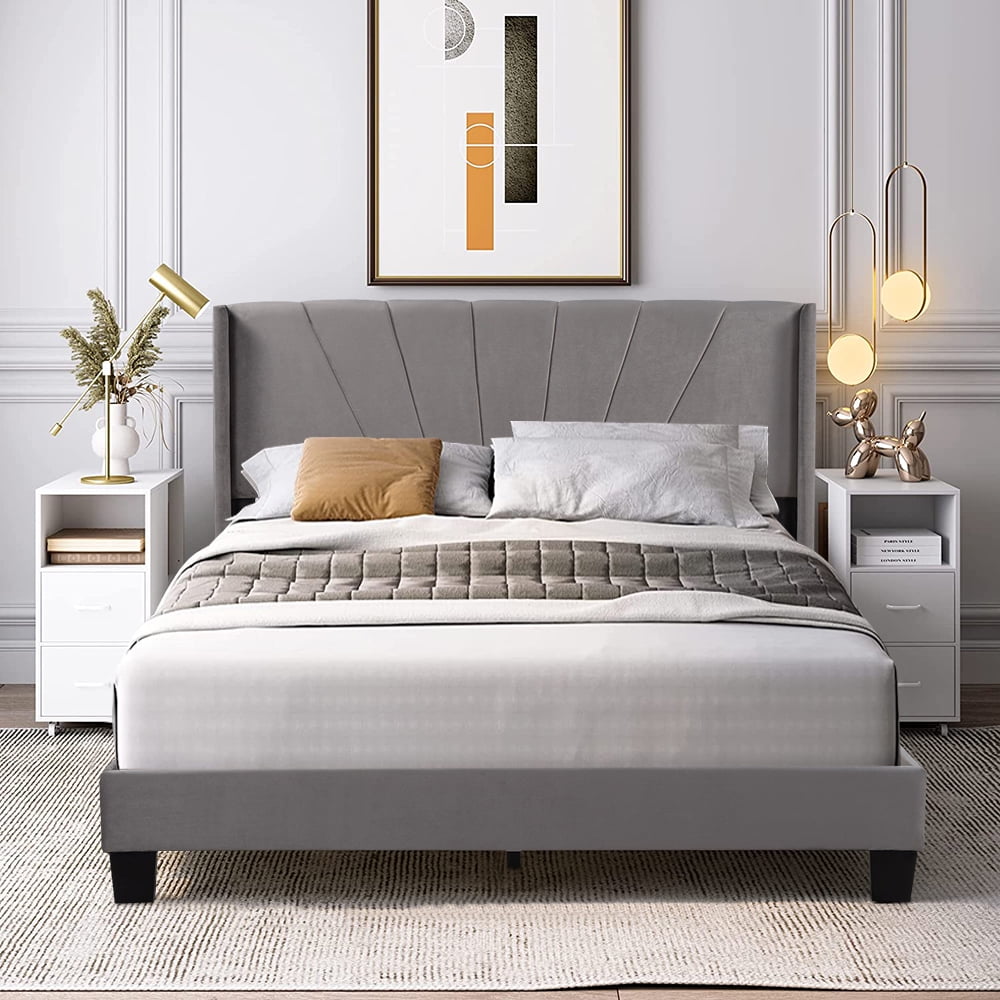 Gray Queen Size Bed Frame With Upholstered Headboard Modern Gray Chic S 