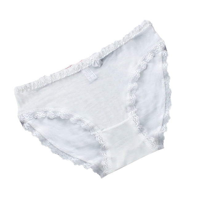 ropa interior para mujer calzoncillos sin costuras moda lencería encaje transpirable calzoncillos elásticos suaves ropa interior odeerbi odb140801 Bragas blancas de encaje en vista plana frontal; cintura media con banda elástica, borde festoneado de encaje en cintura y perneras, tejido transpirable y ligero visible y costura central frontal. A menudo usadas como ropa interior cómoda para uso diario.