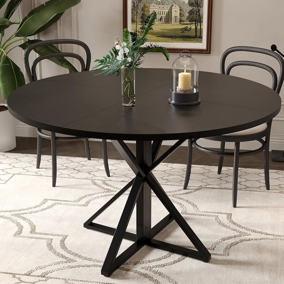 Senfot 47" Round Heavy-Duty Metal Pedestal Base Dining Table, Oak Wood Top for Kitchen, Dining Room, Living Room, Seats 4