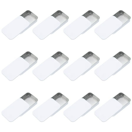 12Pack Slide Top Tin Containers, 3"x2"x0.6" Mini Metal Empty Tins Box with Sliding Lids, White