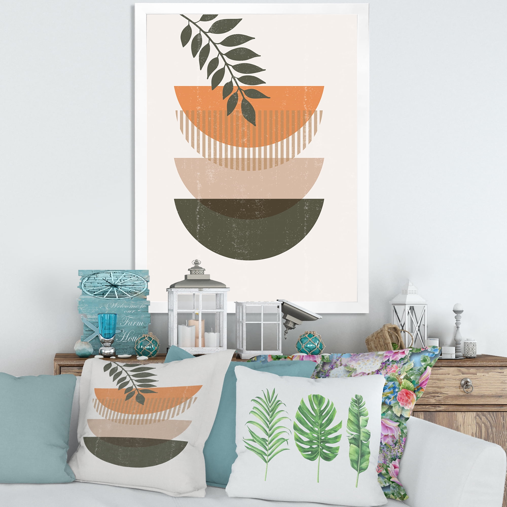 Designart 'Abstract Geometrical Moon and Sun With Leaf II' Modern Framed Art Print
