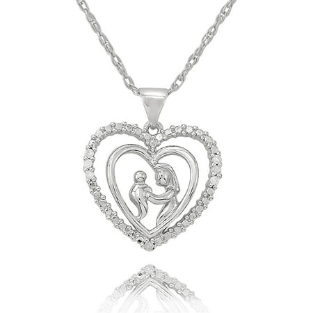 Precious Moments Sterling Silver Diamond Accent Mother & Child in Heart Pendant with Chain, 18