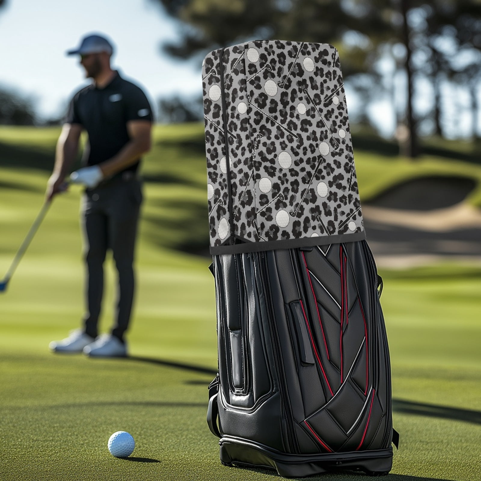 Yuyamidu Golf Ball Golf Bag Cover Gray Leopard Print Hood Golf Bag Dust Cover for Clubs Protection with Snap Button and Zipper