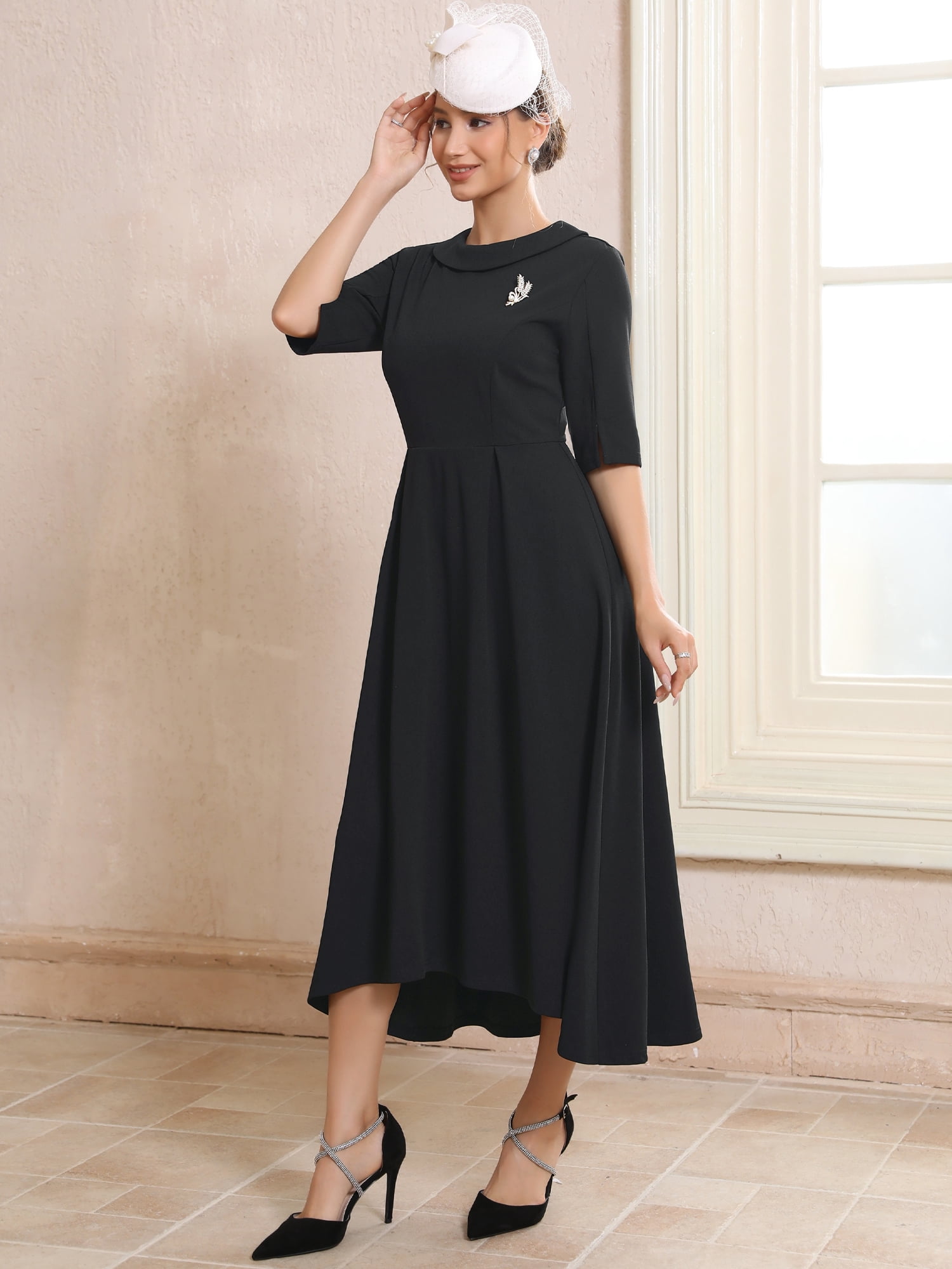 DARING DIVA Women's Elegant Vintage Classic Collared Half Sleeve Dresses L Black
