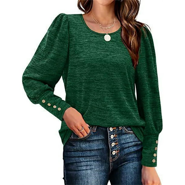 Camiseta básica suave de manga larga con botones para mujer, camiseta lisa informal con cuello redondo, Tops sencillos holgados para mujer, ropa de calle 2022
