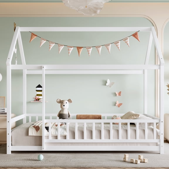 Leumius Twin Size Floor Bed with House Roof Frame, Fence Guardrails Montessori Floor Bed for Boys Girls White