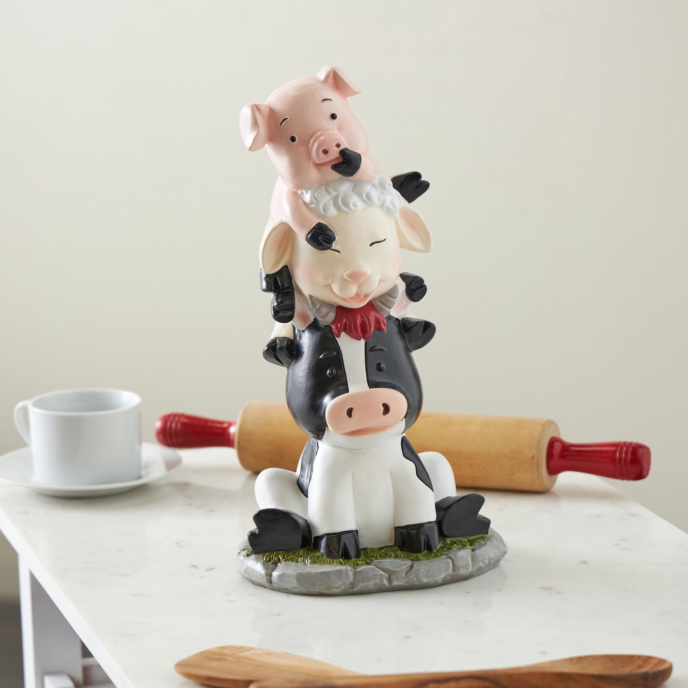 7" x 14" Multi Colored Polystone Stacked Farm Animals Sculpture with Gray and Green Accents, by DecMode