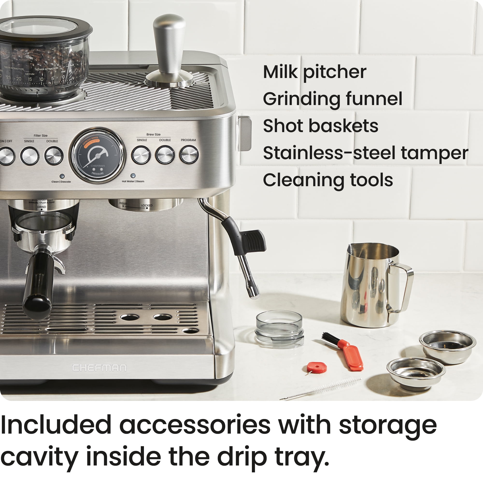 Chefman Crema Supreme Espresso Machine with Conical Burr Grinder and Steam Wand – Stainless Steel