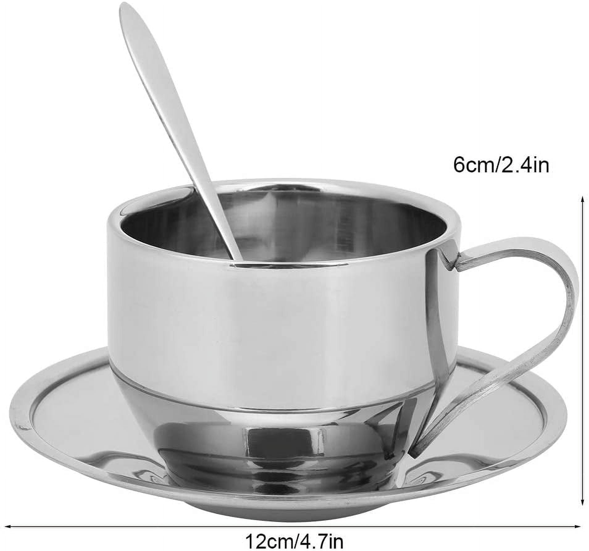 ABCISI Stainless Steel Coffee Cup Set, 6oz/180ml Coffee Mug with Saucer and Spoon, Double Walled Insulated Espresso Cups for Milk Tea Cappuccino Latte, Dishwasher Safe, Silver