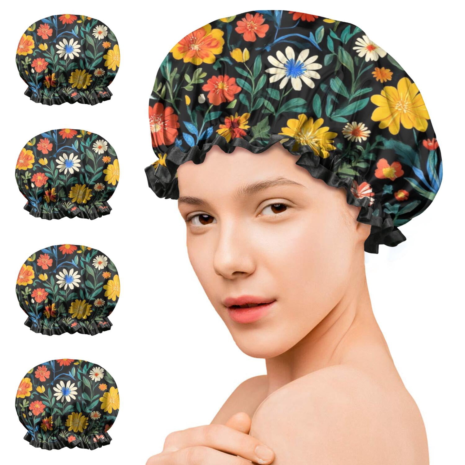 Shower Caps,Pioneer Flower Floral Print Pattern Waterproof Shower Cap for Women 4 Pieces,Double Reusable Hair Cover for Shower PEVA Elastic Stretch Hem