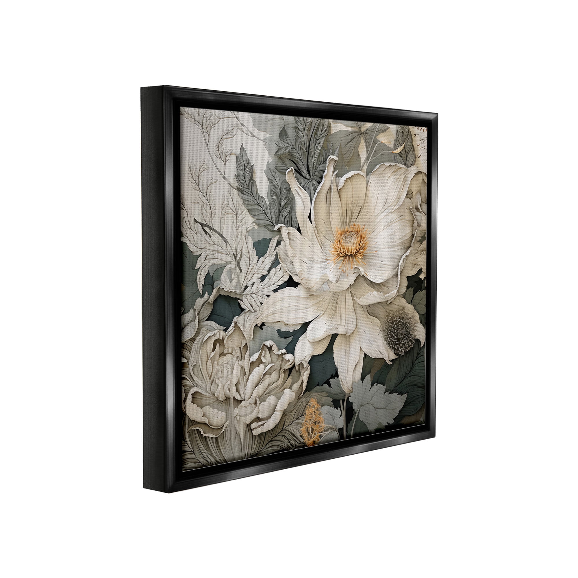 Stupell Industries Vintage Curling Petals Botanical & Floral Painting Black Floater Framed Canvas Art Print Wall Art, 25 x 25