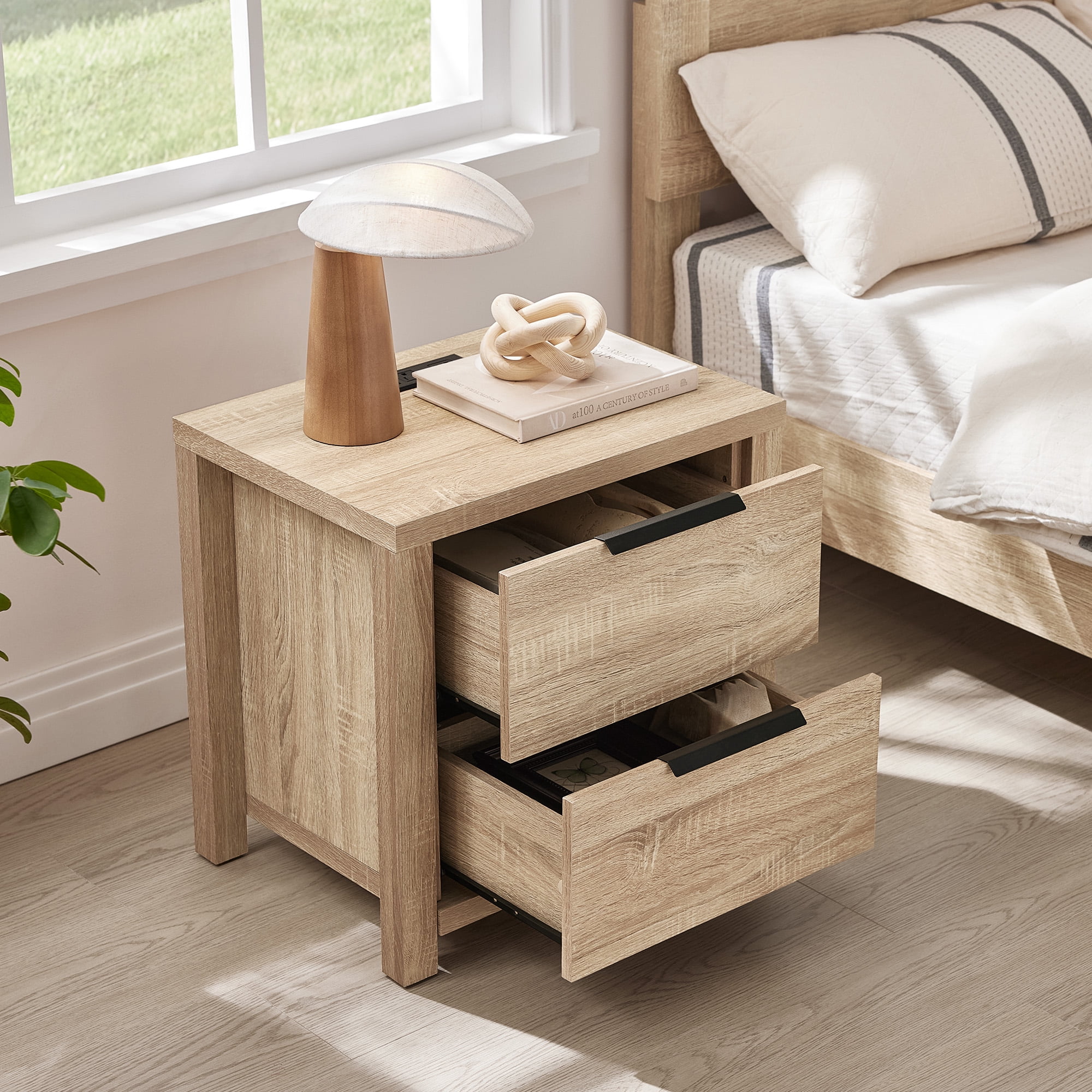 Spruce & Spring Farmhouse Nightstand with 2 Drawers, USB & Type-C Port and Power Outlets