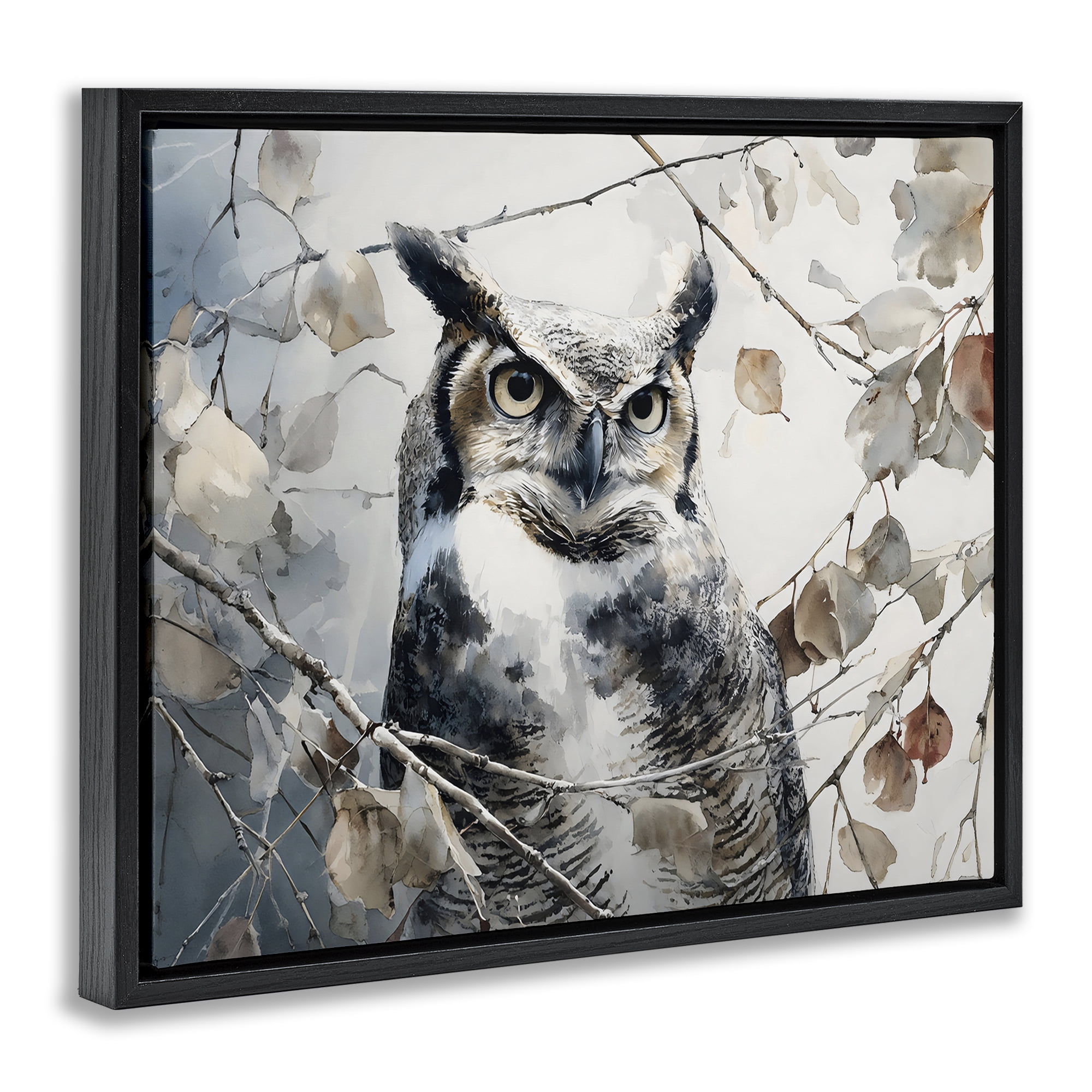 Stupell Industries Horned Owl Perched Black Framed Floater Canvas Wall Art, design by Franklyn Gregory