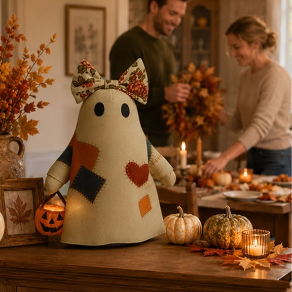 Lighted Vintage Patchwork Ghost, Light Up Ghost with Pumpkin Lantern Halloween Decor, Indoor Tabletop LED Ghost, Retro Patchwork Halloween Ornament with Pumpkin Bucket for Mantel Shelf Entryway Porch