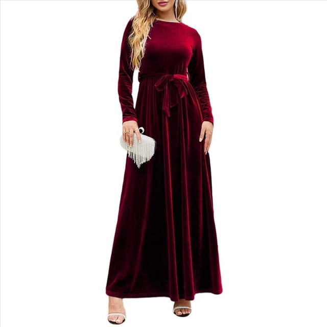 Vestido Elegante de Terciopelo con Cinturón, Plisado, de Larga, para Fiesta Formal de Boda, para Mujer Rojo Oscuro M