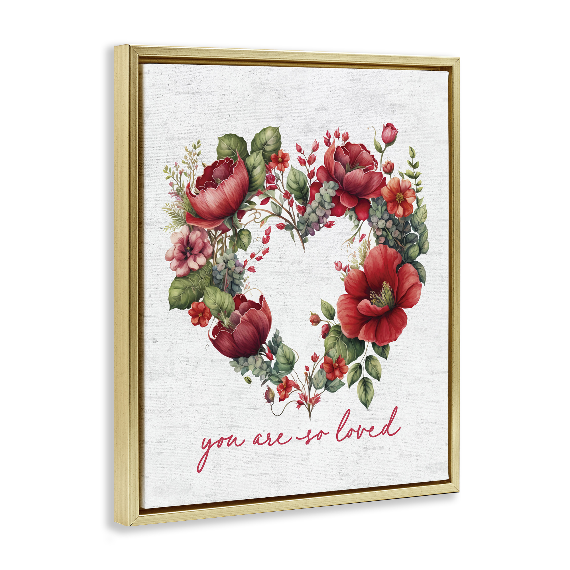 Stupell Industries Loved Heart Wreath Botanical & Floral Painting Gold Floater Framed Canvas Art Print Wall Art, 25 x 31