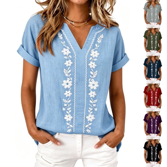 Tqcoqu Womens Boho V Neck Short Sleeve Blouses,Embroidered Floral Casual Loose Fit Vacation Tops Shirts,Army Green Women's S-XXL
