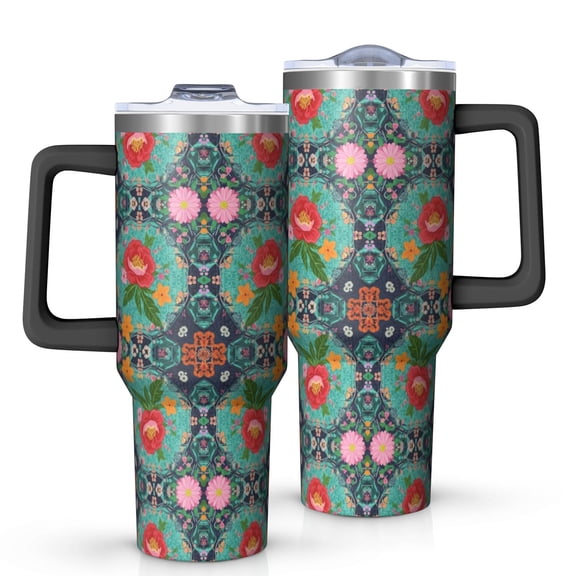 40oz Pioneer Flower Floral Print Pattern Insulated Tumbler with Handle, BPA-Free Leak Proof Lid and Straws, Double Wall Vacuum, Hot 12h/Cold 34h