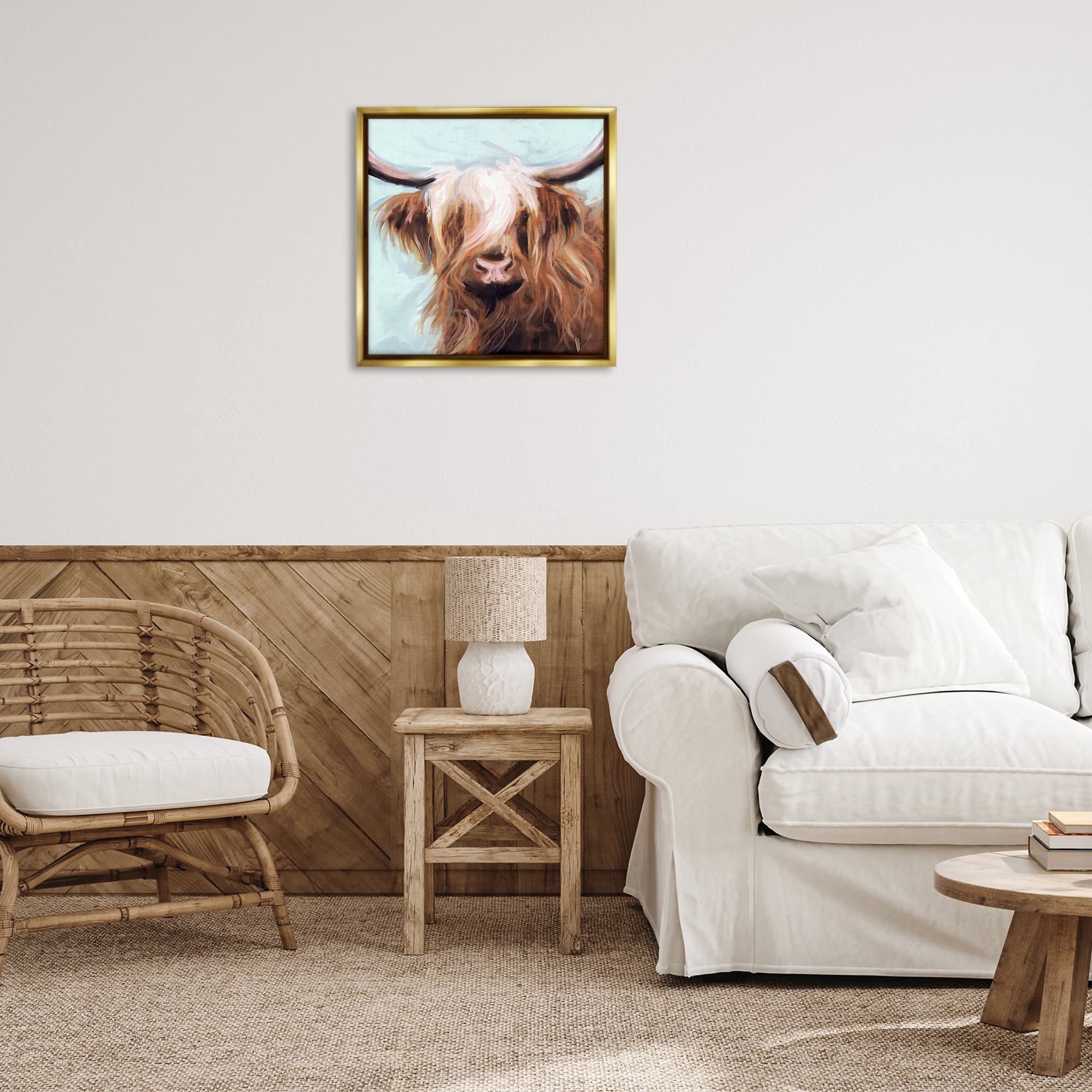 Stupell Industries Long Haired Cattle Portrait Animals & Insects Painting Gold Floater Framed Canvas Art Print Wall Art, 25 x 25