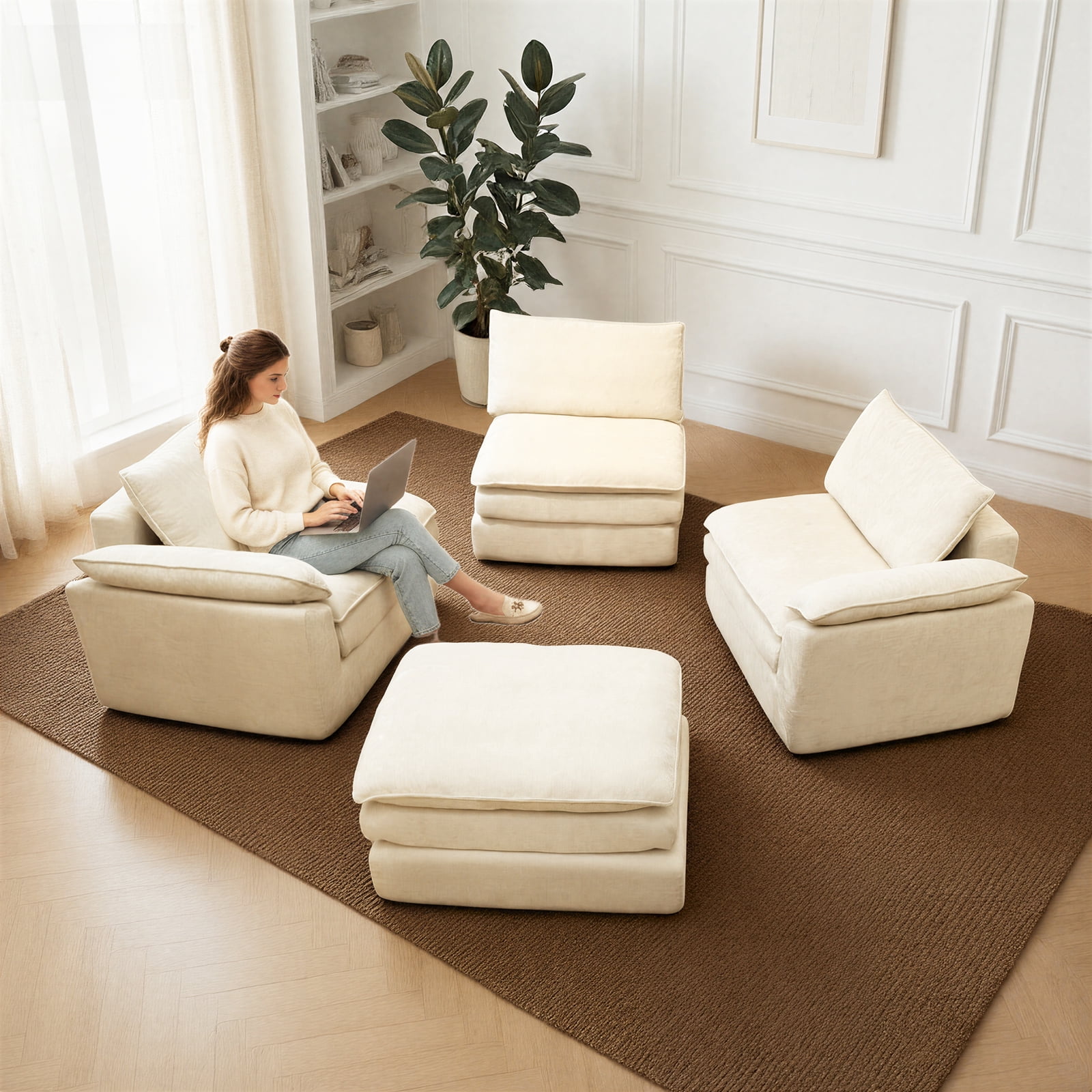 Kelyda 116'' Cloud Sectional Couches L Shaped, Modern Convertible Modular Cloud Chenille Sofa for Living Room White