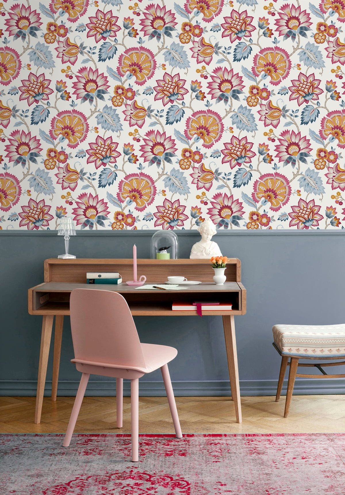 NextWall Fandango Pink & Bluebird Jacobean Blossom Floral Peel and Stick Wallpaper