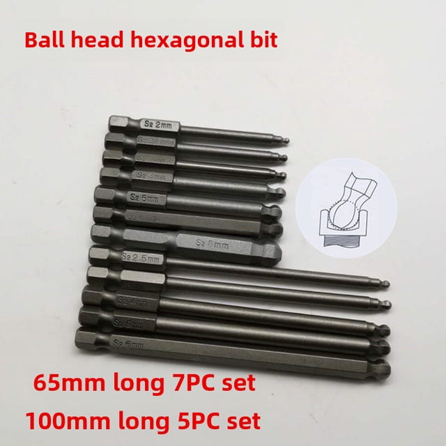 7-Piece Heavy-Duty Hex Socket Air Screwdriver Bit Set - S2 Alloy Steel 1/4 Inch Shank Ball Head Bits, 65mm Length, Durable & High-Torque for Pneumatic Tools, Secure Grip & Precision Control for