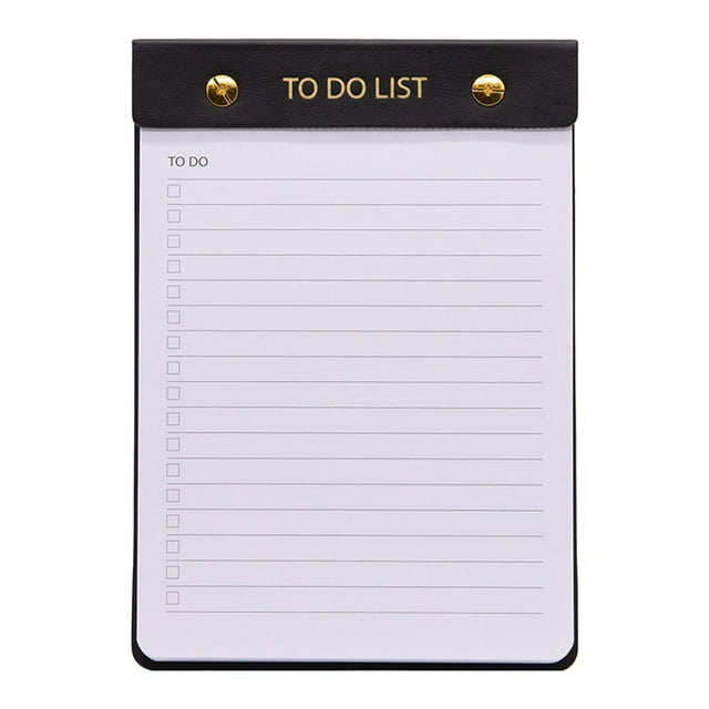 JUNWELL Note Pads To Do List Notepad with a black header featuring gold accents and 'TO DO LIST' text. This aesthetic office supply includes a checklist format with lined sections and checkboxes, perfect for daily reminders, productivity tracking, and modern desk organization.