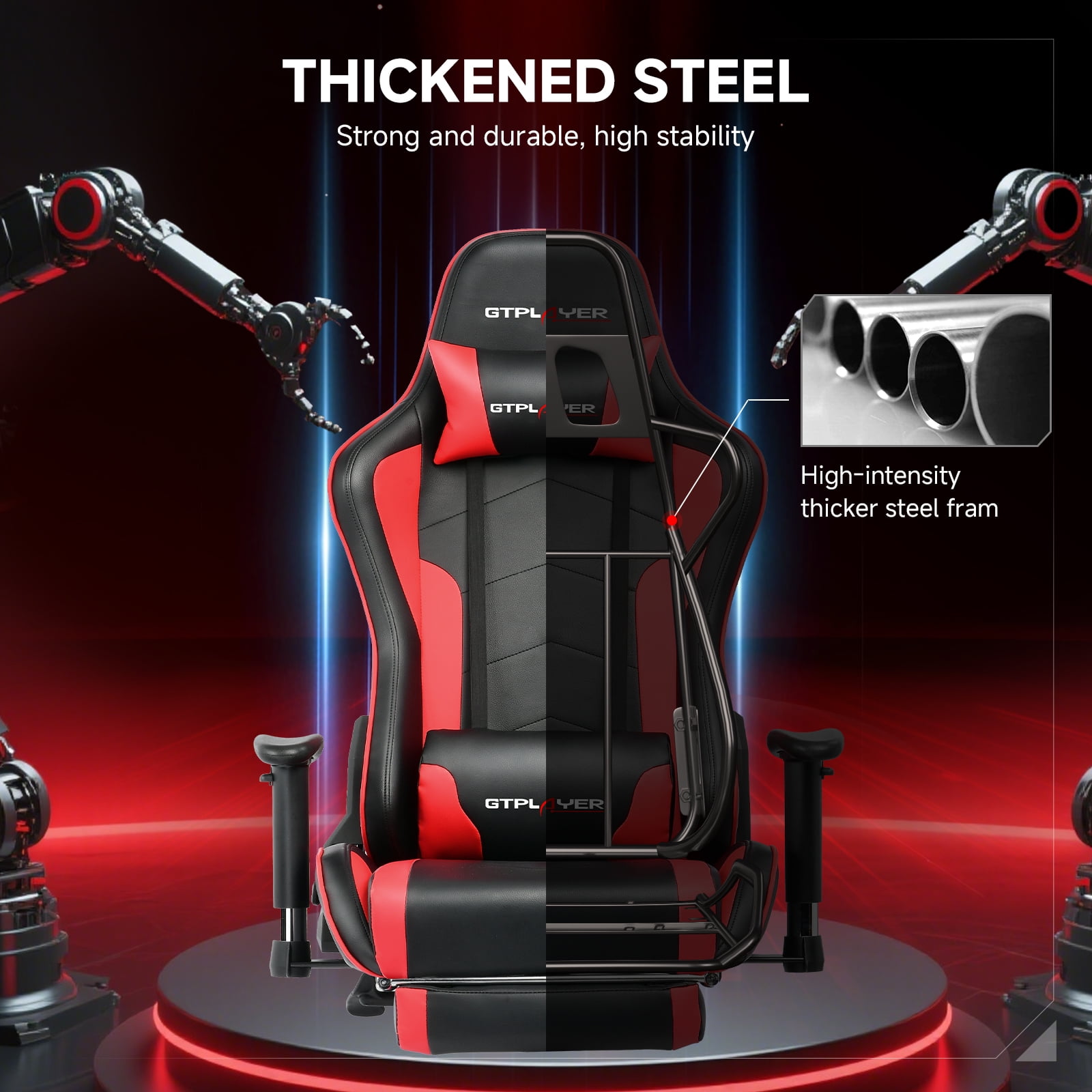 GTPLAYER Gaming Chair with Bluetooth Speakers Music Office Chair with Footrest PU Leather Recliner, Red