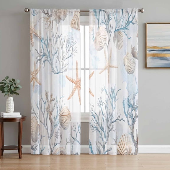 Beach Coastal Sheer Curtains 96 Inch Length 2 Panels Set, Nautical Summer Starfish Coral Sea Voile Window Treatment Semi Sheer Long Curtains Drapes for Bedroom/Living Room/Kitchen 52"x96"x2