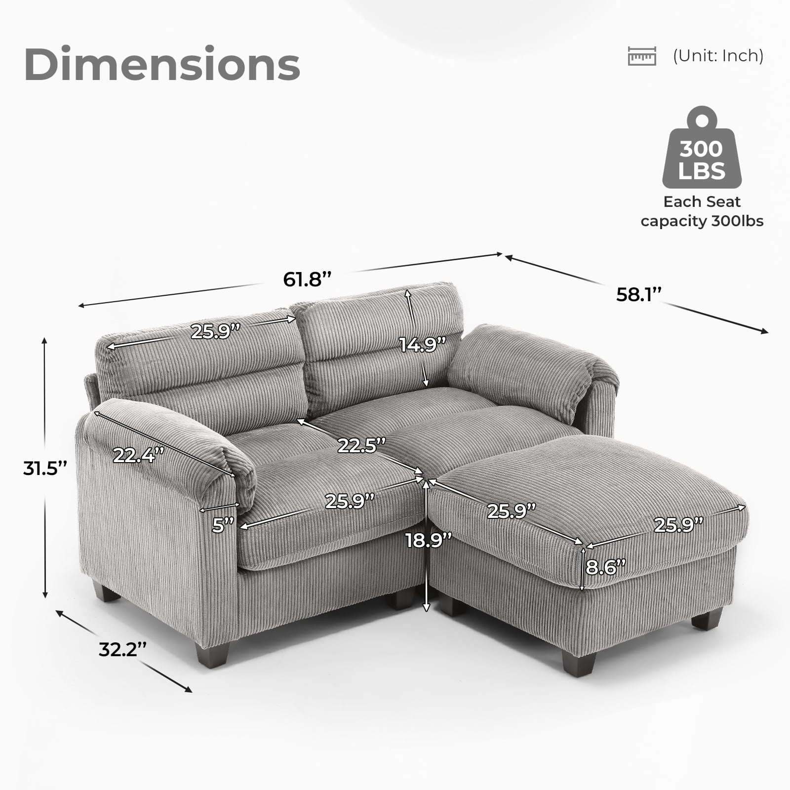 Bonzy Home Modern Loveseat with Ottoman Modular Sectional Sofa Couches for Living Room Entertaining Guests or Relaxing Alone for Small Spaces Apartment Gray