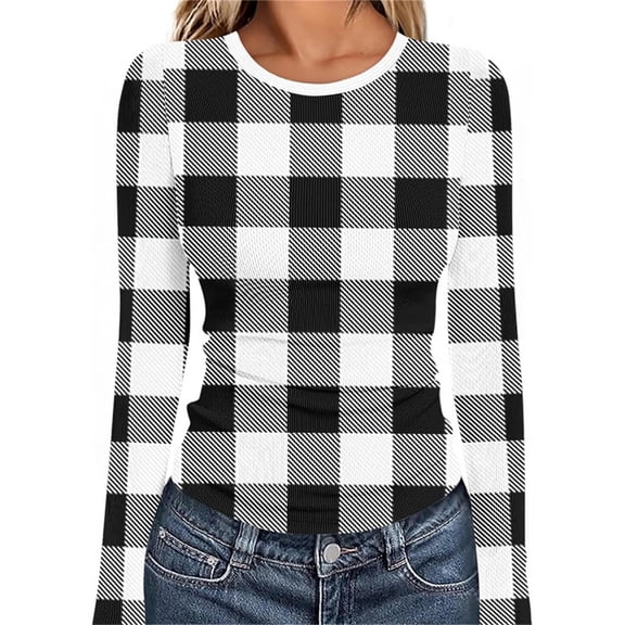 Tops for Women Long Sleeved Plaid Casual Round Neck Printing Fitting Pit Stripe Blouse Black L